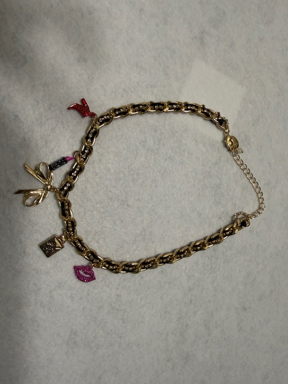 Betsey Johnson Gold Charm Necklace with Pink and Red Accents